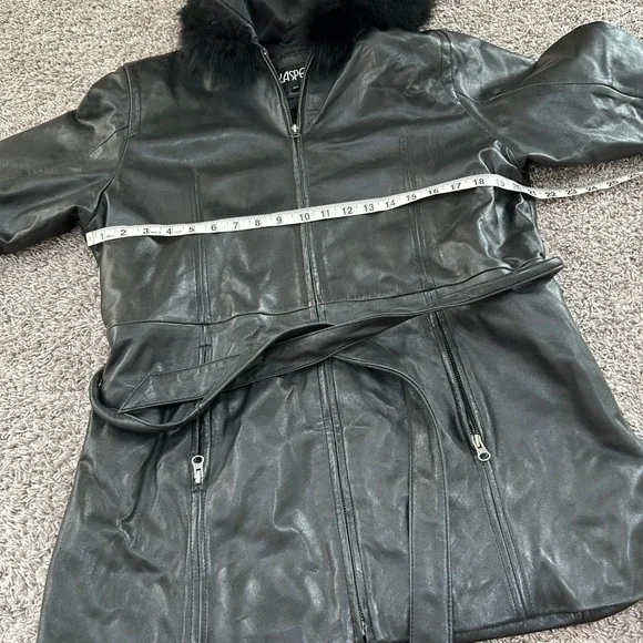 Kasper Leather Coat XL‎ Belted Fur Trim Hooded Black Winter Jacket Women vintage - Picture 7 of 11